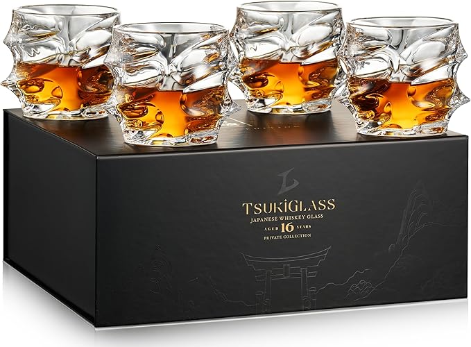 TsukiGlass Japanese Whiskey Glass set of 4 hand-crafted crystal glasses in premium gift box — Father's Day gift for whiskey lovers